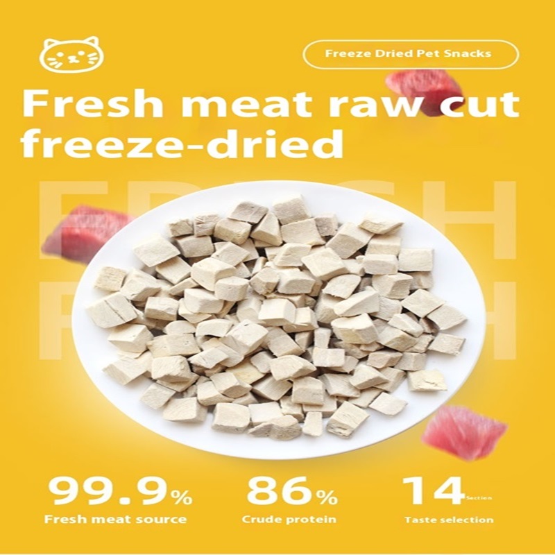 Fresh meat is cut into pieces and freeze-dried